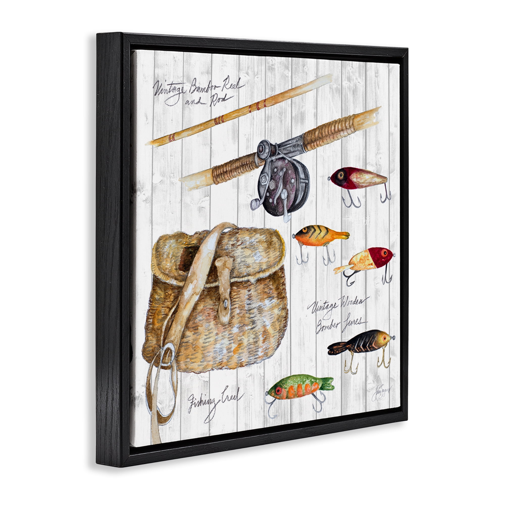 Stupell Industries Fishing Tackle Box Nautical & Beach Painting Black Floater Framed Canvas Art Print Wall Art, 25 x 25