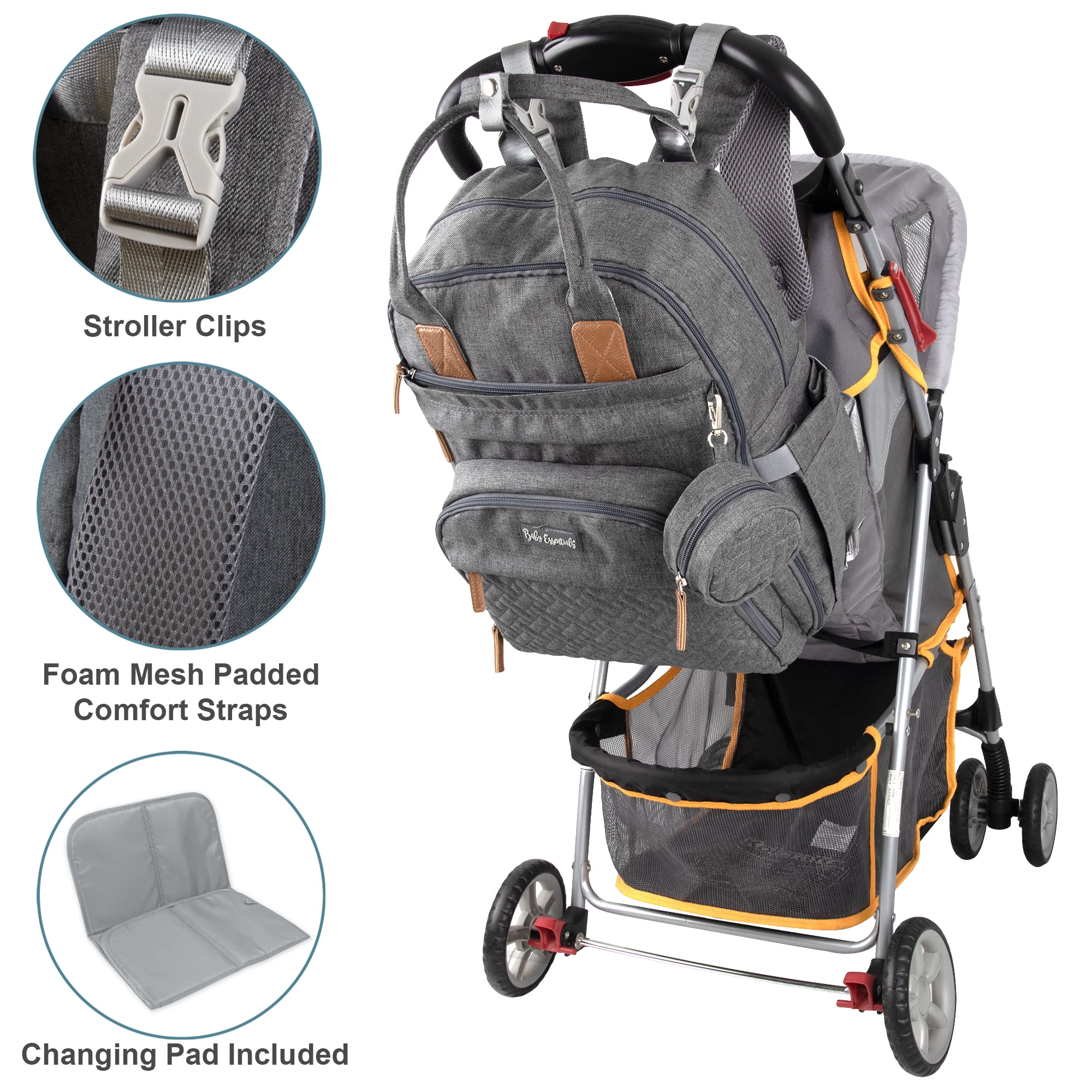 Baby Essentials Quilted 17 Pocket Diaper Bag Backpack Tote with Matching 6-Ply Changing Pad, Feeding Bottle Pockets, Stroller Straps & Pacifier Pouch in Heather Grey