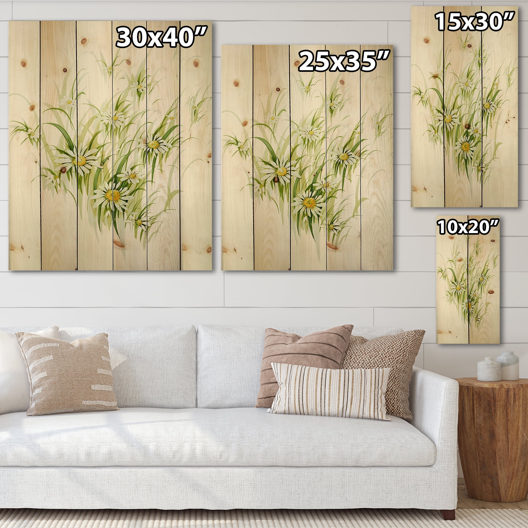 Designart 'Abstract Retro Drawing of Flowers I' Vintage Print on Natural Pine Wood