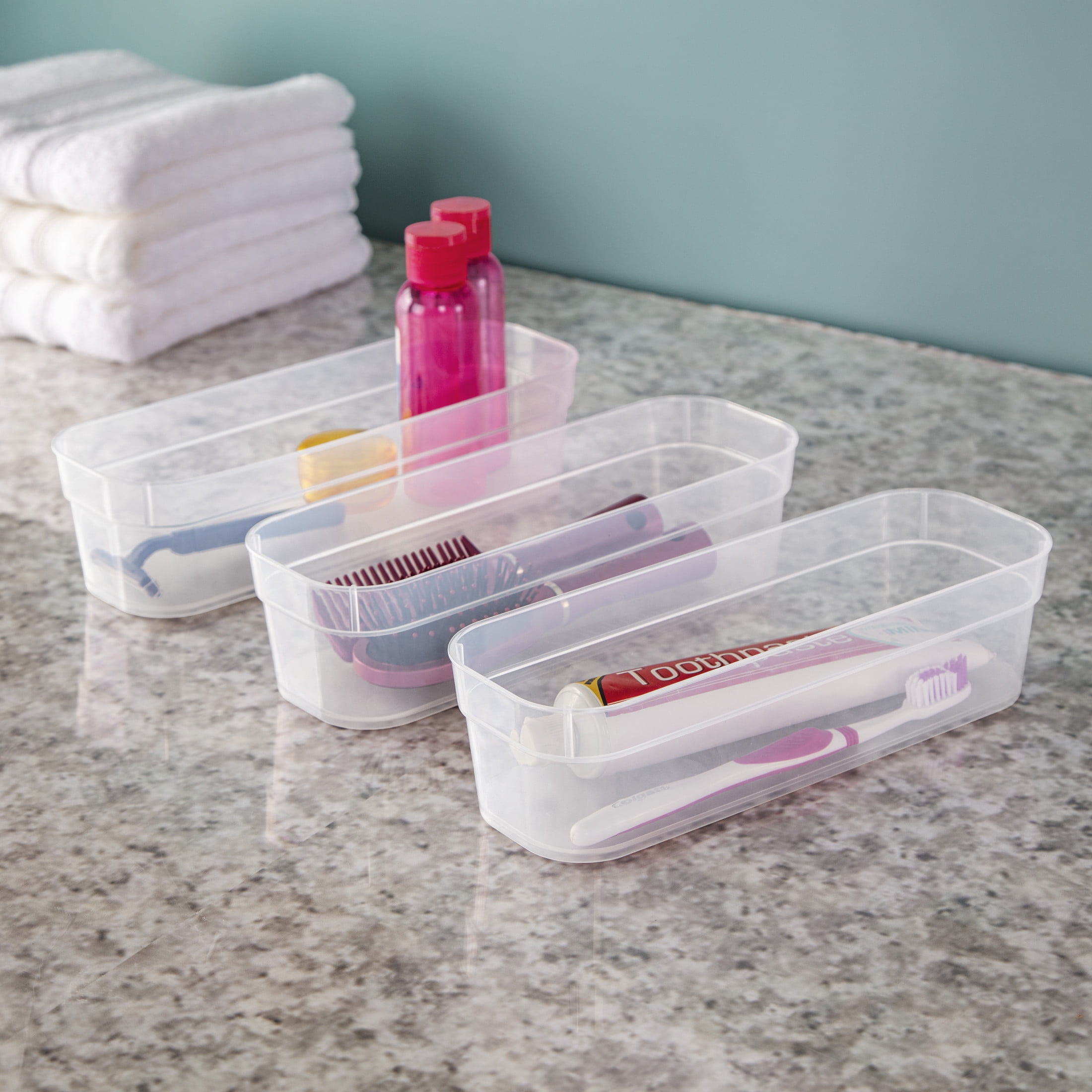 Sterilite Set (3) Narrow Storage Trays, Clear Plastic Open Bins, Drawer Organizers, 8 Count