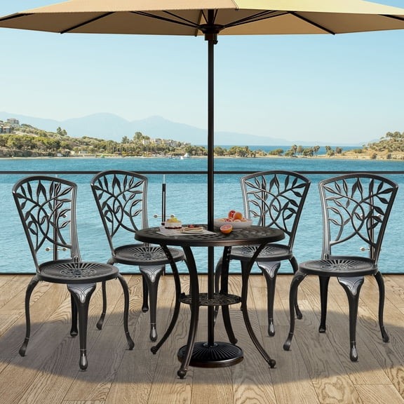 Uforic 5 Piece Outdoor Patio Furniture Patio Dining Sets, Cast Aluminum Patio Bistro Set of 4 Chairs, 30.7 Inches Round Table with Umbrella Hole