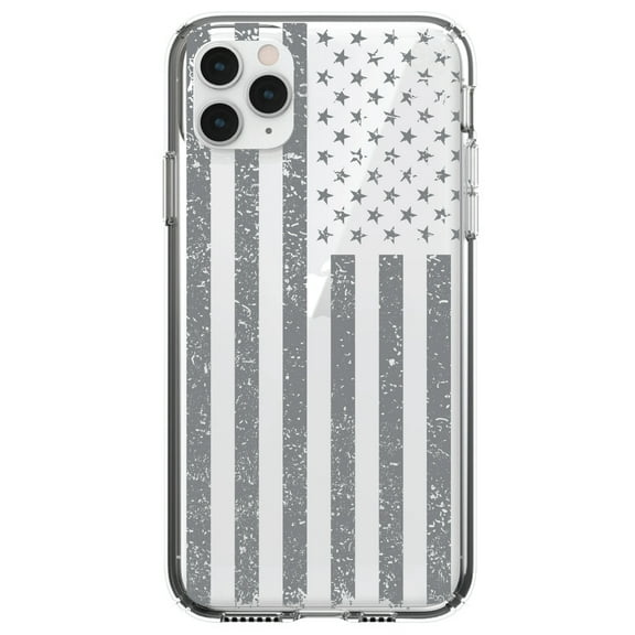 DistinctInk Clear Shockproof Hybrid Case for iPhone 12 / 12 PRO (6.1" Screen) - TPU Bumper, Acrylic Back, Tempered Glass Screen Protector - Weathered Grey US Flag
