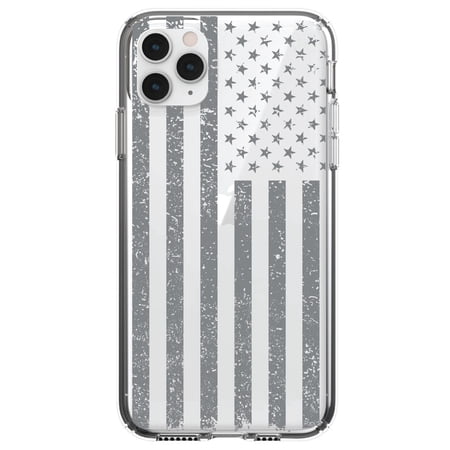 DistinctInk Clear Shockproof Hybrid Case for iPhone 11 Pro (5.8 Screen) - TPU Bumper Acrylic Back Tempered Glass Screen Protector - Weathered Grey US Flag