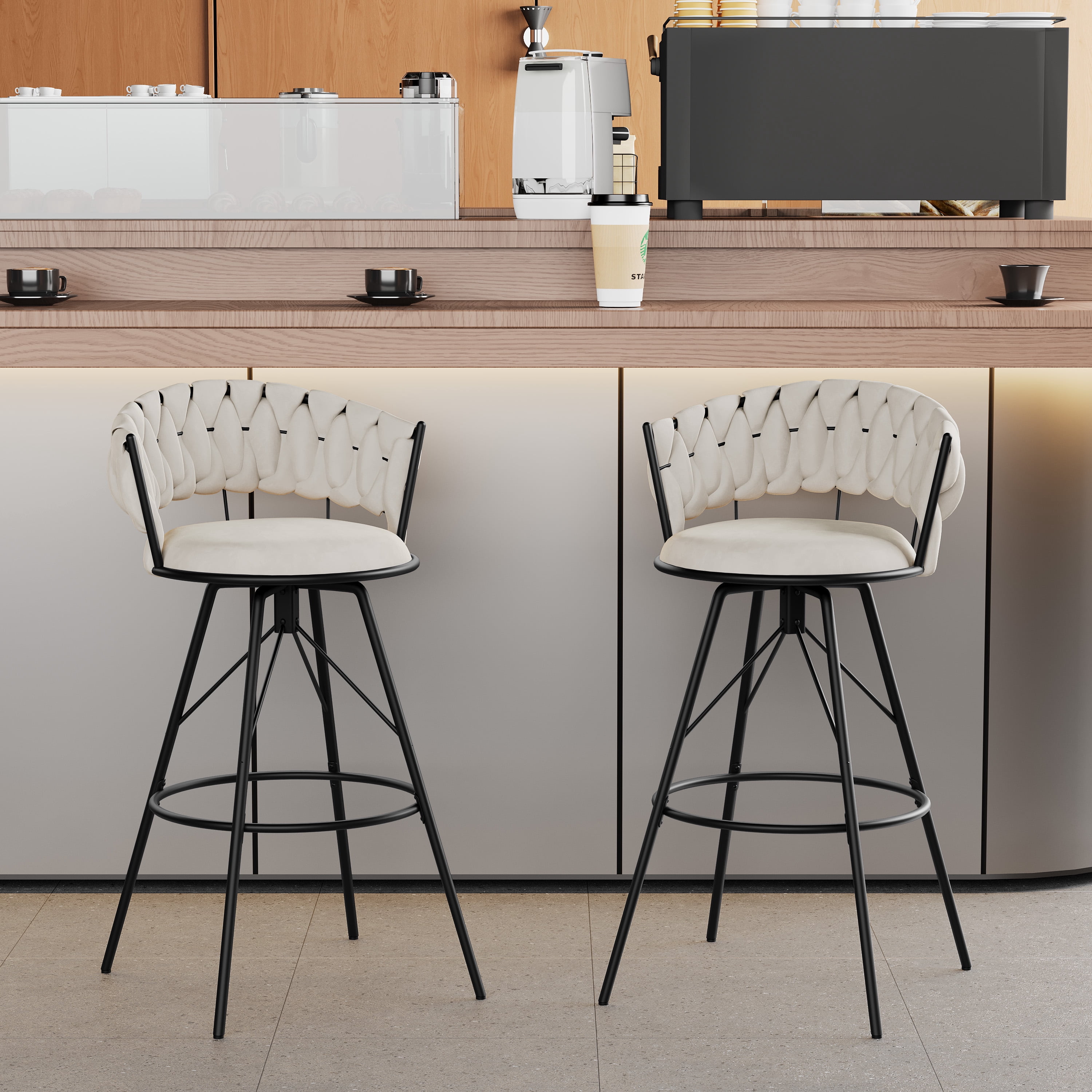 Andeworld 30'' Counter Height Barstools set of 2, Modern Velvet Bar Stools with Woven Back, Metal Frame, Round Footrest, Ivory