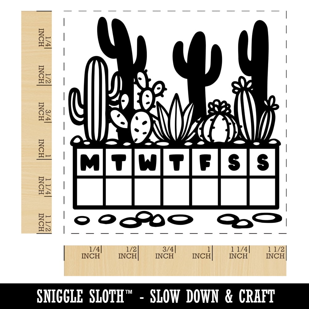 Weekly Habit Tracker Desert Cactus Monday Start Self-Inking Rubber Stamp Ink Stamper - Blue Ink - Large 1-1/2 Inch