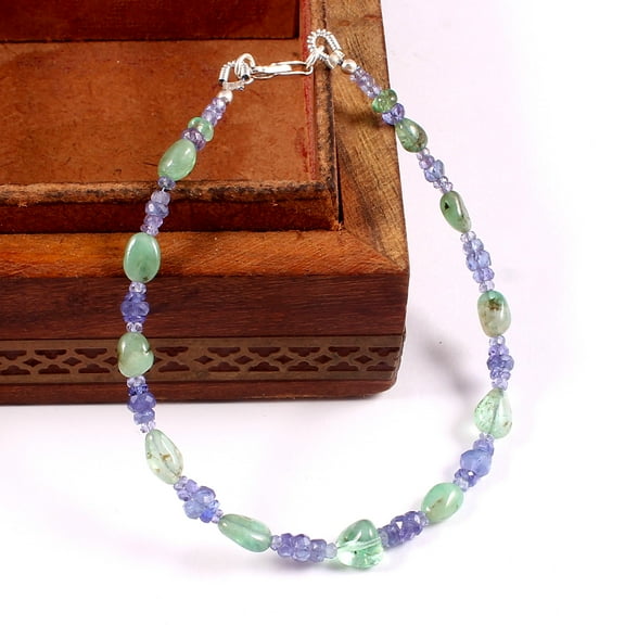 THE GEMS GRID Emerald Oval Beads Bracelet 7.5" , Tanzanite Faceted Beads Bracelet, Natural Gemstone Jewelry, Green and Blue Gemstone Bracelets, Gift for Her