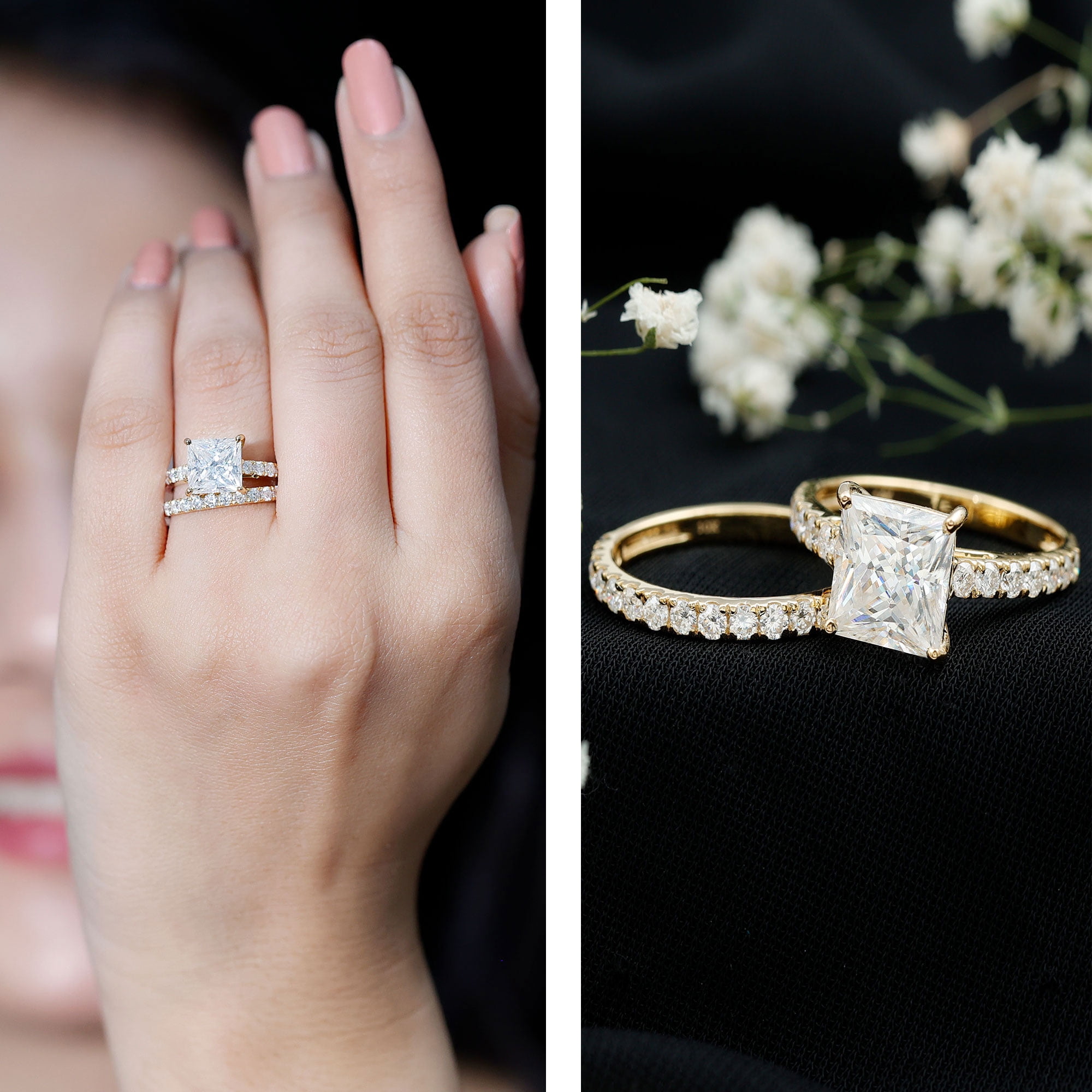 Rosec Jewels Certified Moissanite Princess Cut Wedding Ring Set for Women (8 mm, D-VS1 Quality) - 3 Carat Engagement Ring with Band, 14K Yellow Gold, US 10.00
