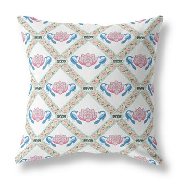 Lotus Peacock Rose Indoor/Outdoor Fabric Pillow with Zip in White Blue Gray26x26