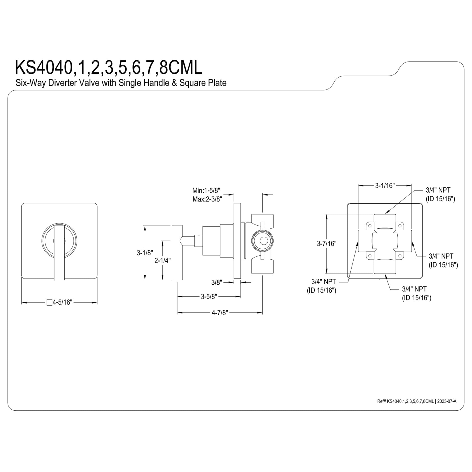 Kingston Brass KS4042CML Manhattan Single-Handle Six-Way Diverter Valve with Square Trim Kit, Polished Brass