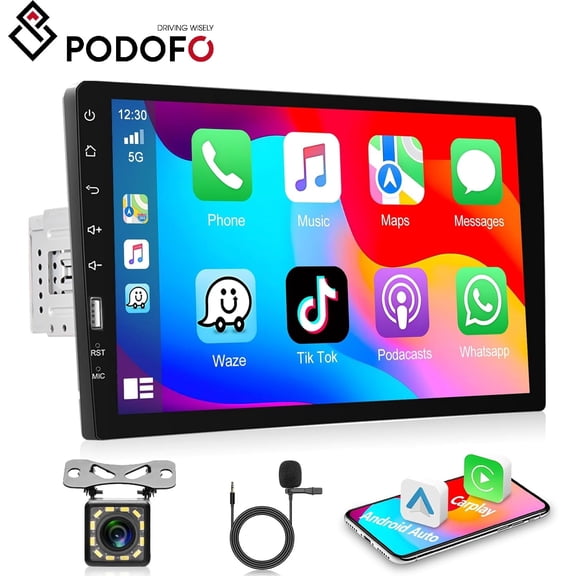 Podofo 9'' Universal Single Din Touch Screen Car Stereo with Wired CarPlay Android Auto Mirror Link Backup Camera Mic