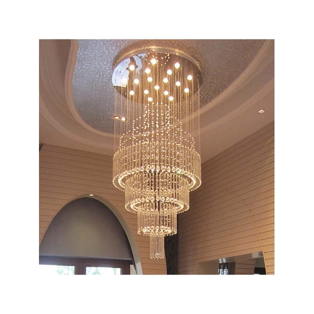 Large Luxury Crystal Chandelier Lighting, Modern LED Round Raindrop Flush Mount Ceiling Light Fixture For Hotel Staircase Hallway Dia 31.5" X H 79"