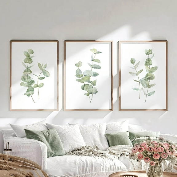 3pcs Green Eucalyptus Prints Bathroom Wall Art, Bedroom Wall Decor, Living Room Wall Decor, Home Gift, No Frame