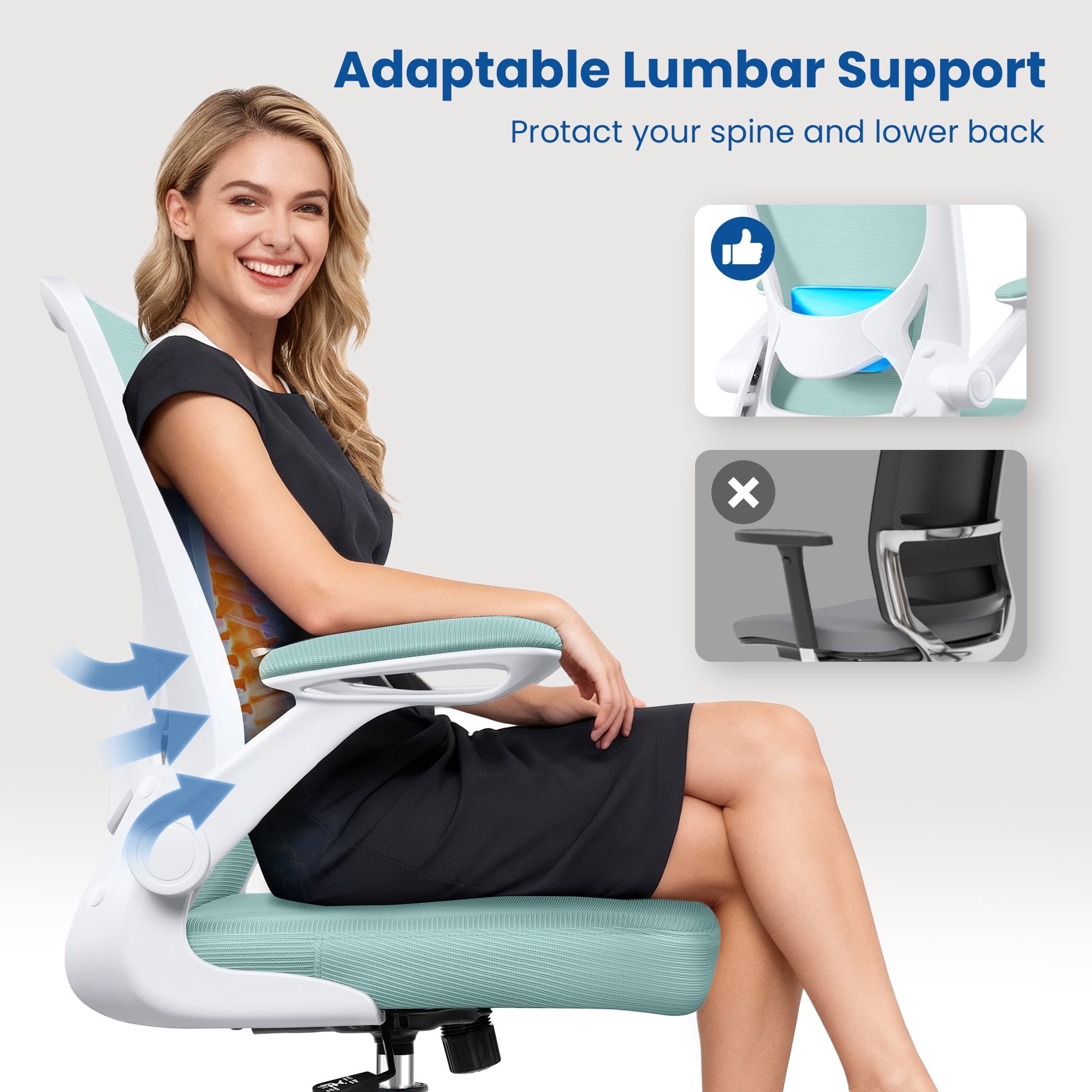 COOLHUT Office Chair, Ergonomic Office Chair, Comfort Home Office Task Chair, Lumbar Support Computer Chair with Flip-up Arms and Adjustable Height, 350LBS, Light Blue