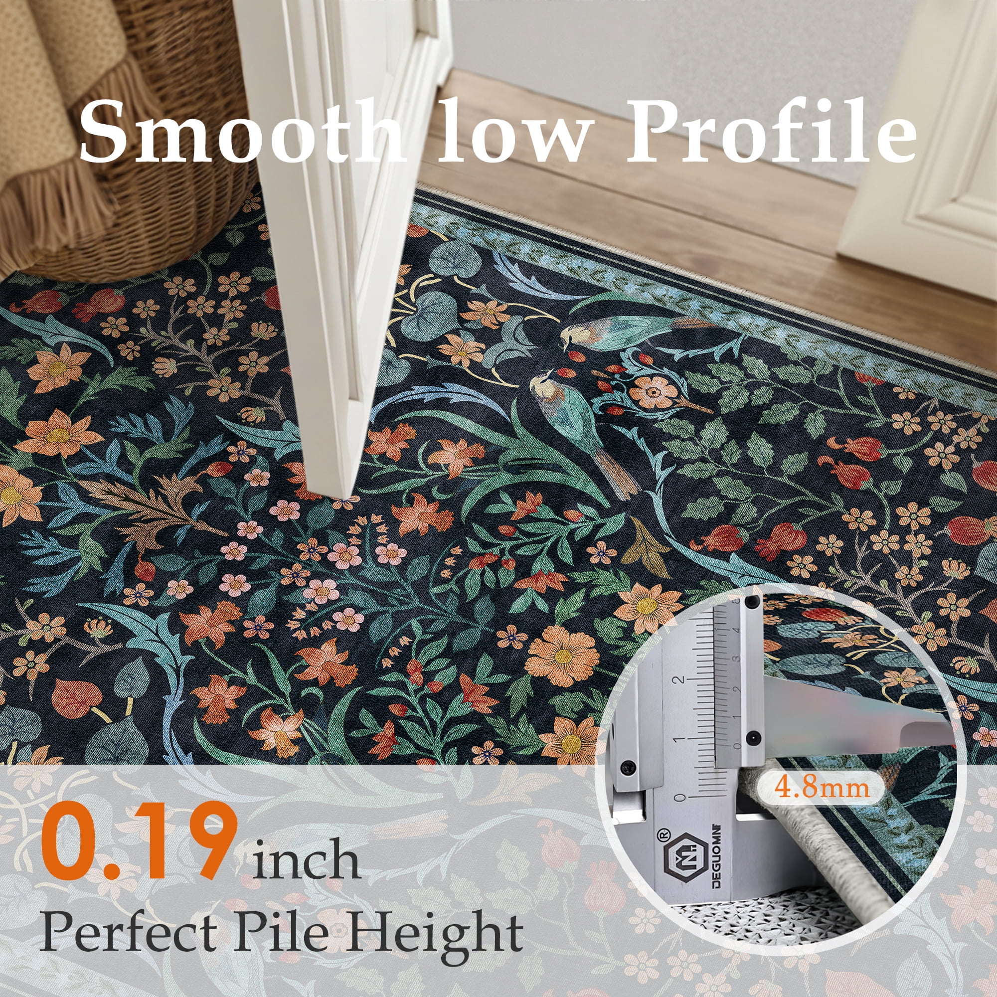 BERTHMEER 5'x7' Area Rugs for Living Room Bedroom Kitchen Farmhouse Rugs Non Slip Washable Floral Vintage Blue Carpets Oriental Flower Office Dorm Dining Room Throw Rugs, Multicolor