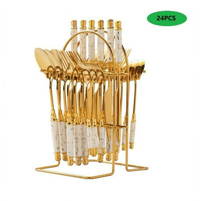24PCS Gilded Stainless Steel Flatware Set Handle with Ceramic Kitchen Utensil Tableware Cutlery Set Service for 6 Steak Cutlery Set for Home and Restaurant