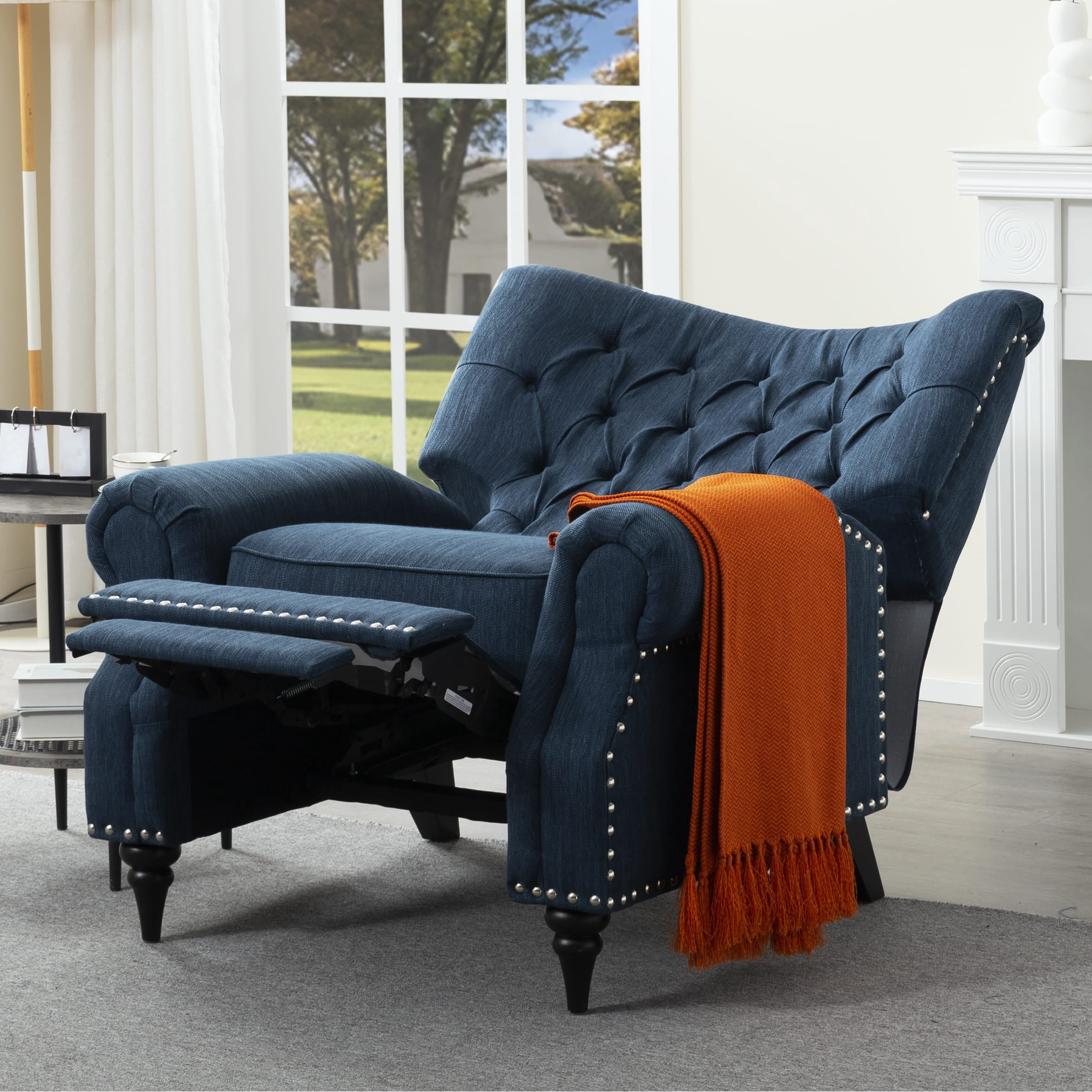 Gewnee 38.58” Manual Push Back Recliner Linen Fabric for Living Room Office Bedroom Blue