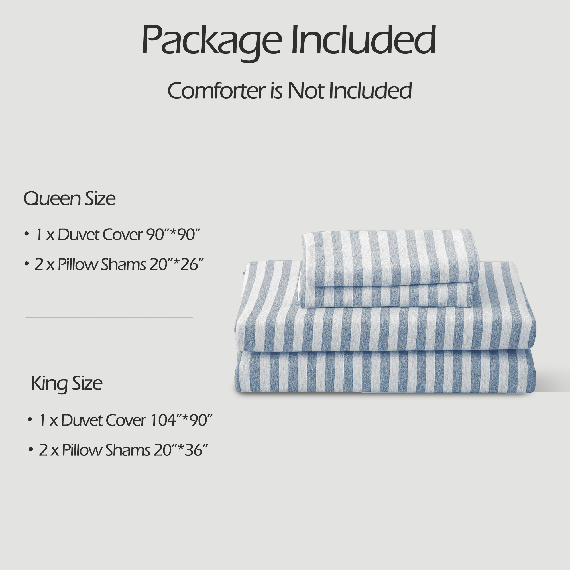 PURE ERA Jersey Knit Duvet Cover Set 100% T-Shirt Heather Cotton Super Soft Striped Design, with Zipper Closure, Blueish Grey Stripe, Queen