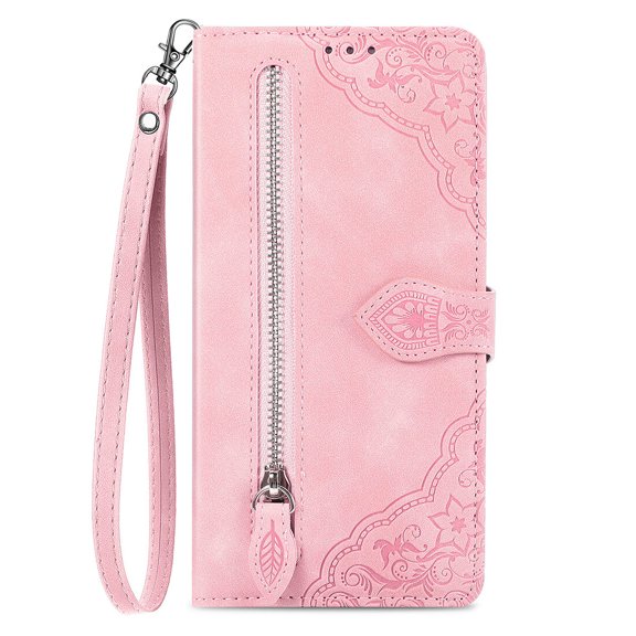 SYITOOCK Phone Case for iPhone 14 Plus, Shockproof PU Leather Wallet Case with Card Slots Anti-Scratch Stand Magnetic Flip Zipper Pocket Cover for iPhone 14 Plus, Pink