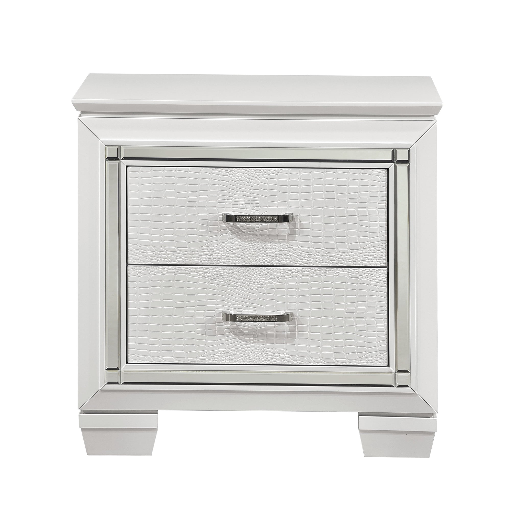 JERFIT Modern White Nightstand with LED Lights, 2-Drawer Faux Alligator Dresser, Glam Bedroom Furniture with Mirror Accent