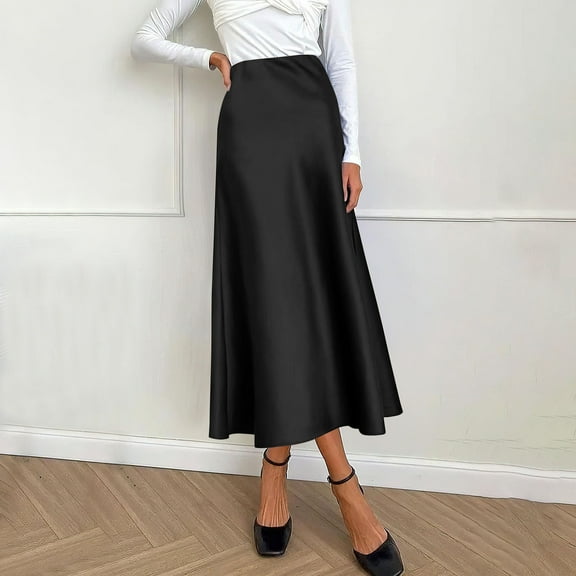 STAOEDU Womens Satin Skirts Casual Silk Midi Skirt High Waisted Long Skirts Zipper Elegant Work Skirts