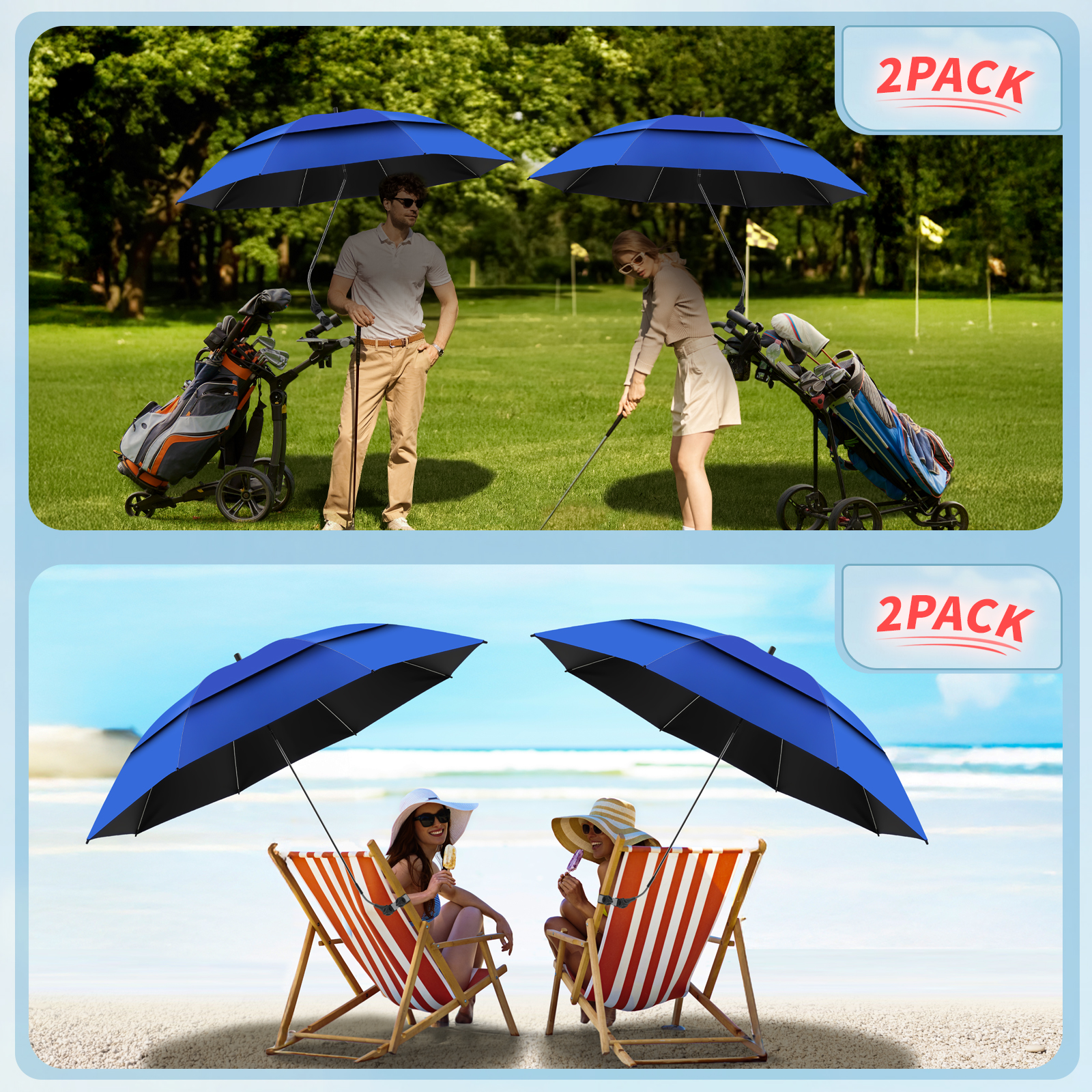 2 Pack 48.6" Double Canopy Umbrella with Clamp, UPF50+ Beach Chair Umbrella with clip, 360°Adjustable Portable Outdoor Wheelchair, Patio, Golf Carts,Camping(Blue, Not Include Chair)