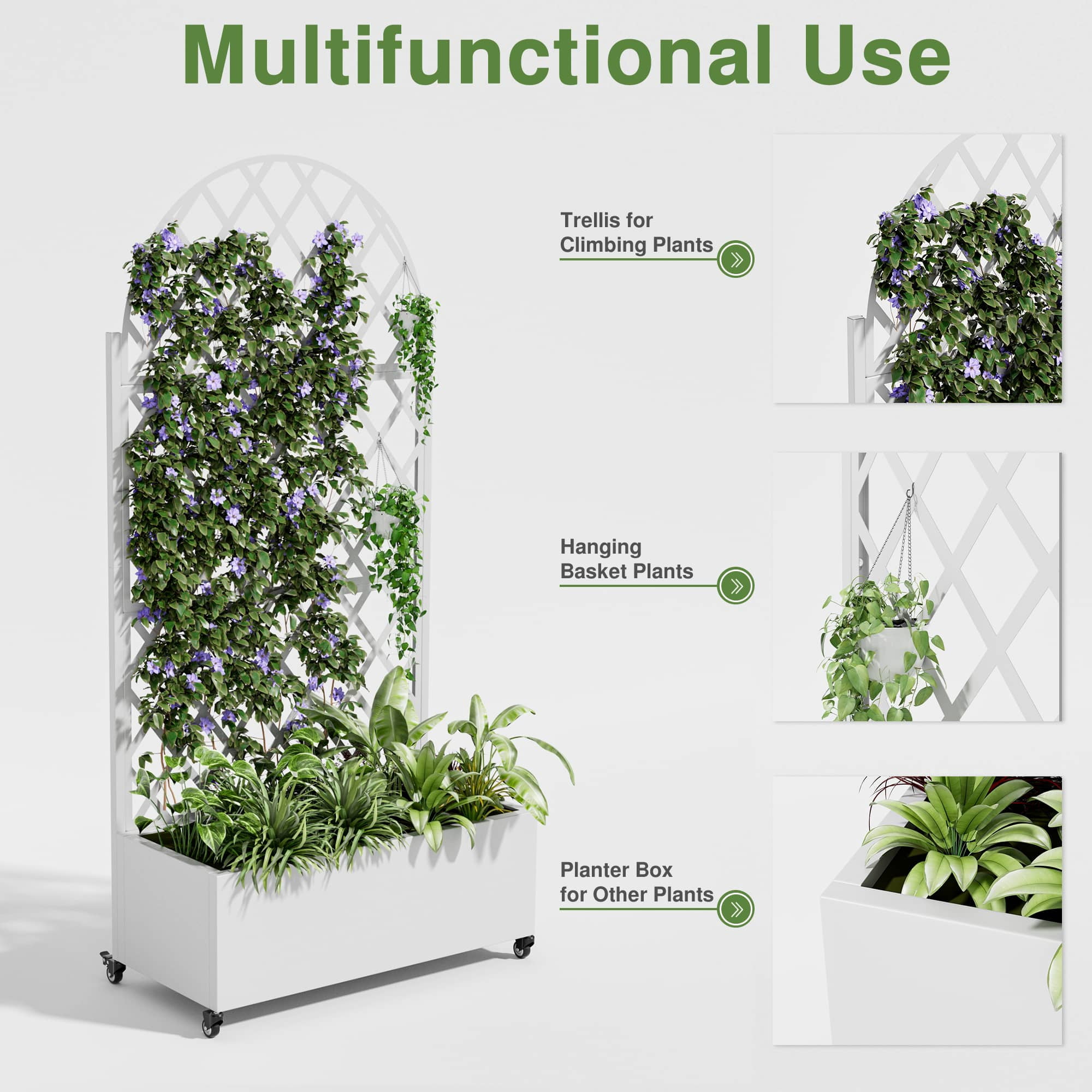 MAYEERTY 71" x 35" Metal Raised Garden Bed with Trellis Planter Box for Climbing Plants, White