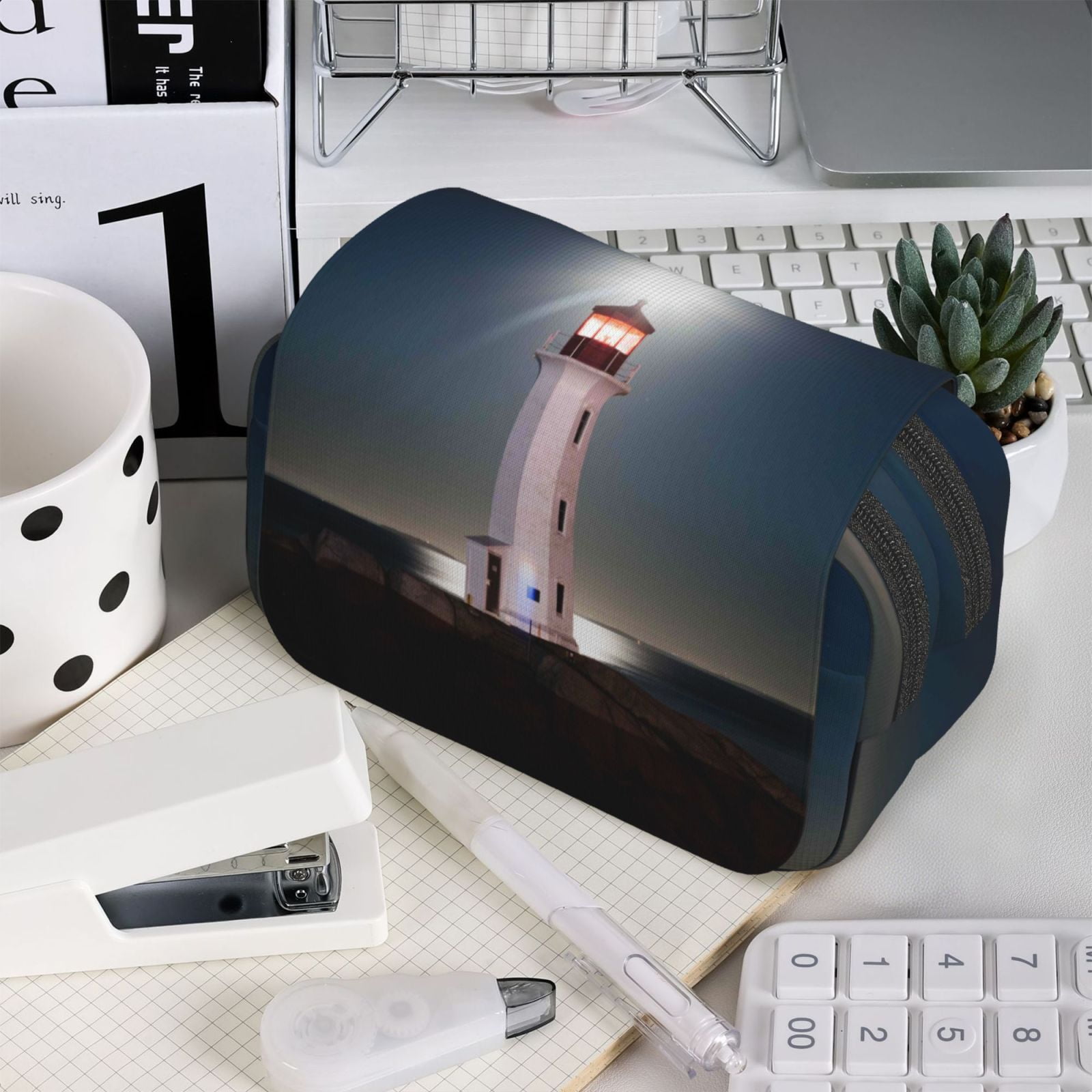 Rateoe Peggy's Cove Lighthouse Pattern Double Clamshell Pen Case, Storage Organizer with Two Zipper Compartments– Holds Up to 50 Pencils & Pens