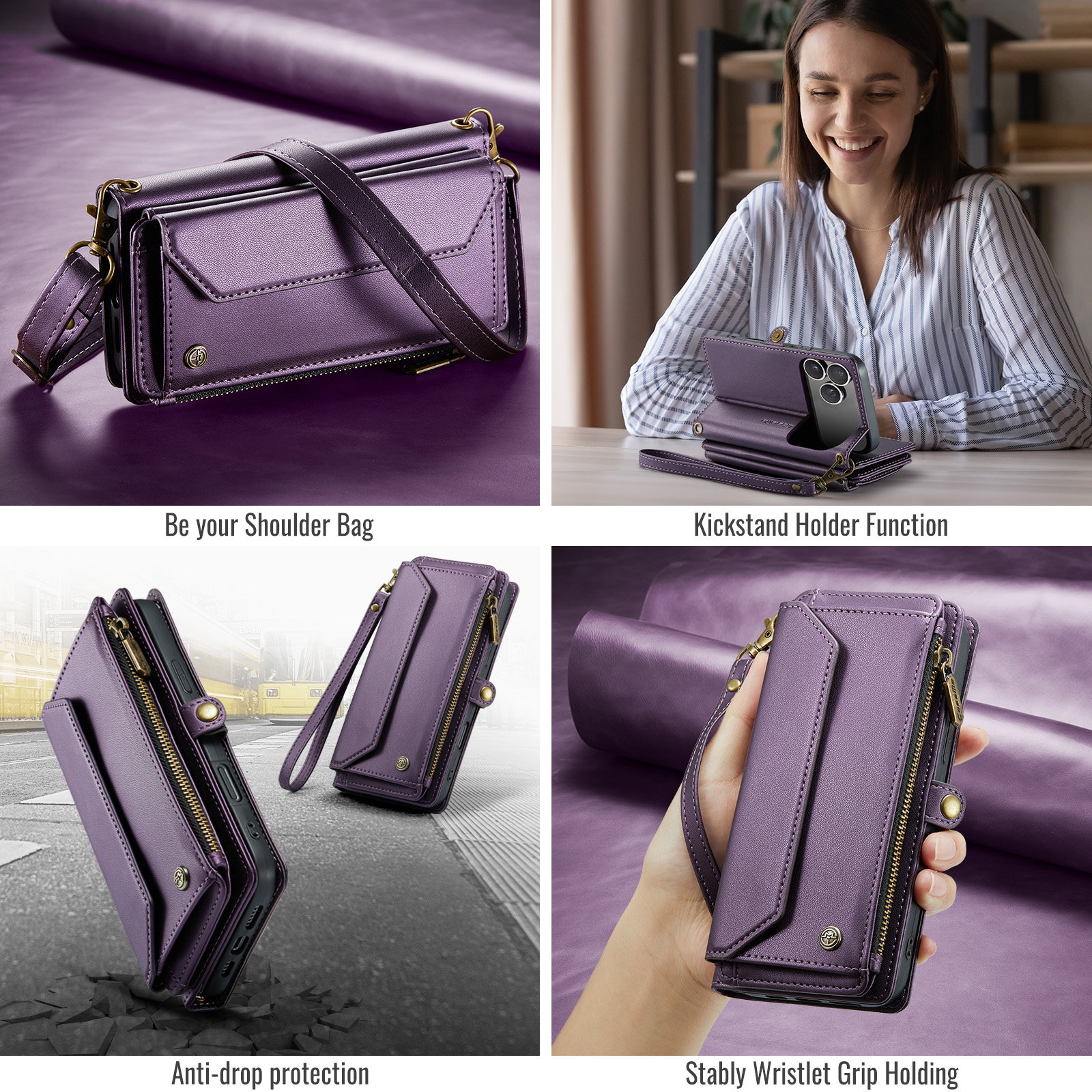 for iPhone 17 Pro Max Full Body Protection Wallet Folio Flip Case, Shoulder Strap & Wristlet Card Slots Zipper Pocket RFID Blocking Rugged Durable PU Leather Phone Case Cover, Purple