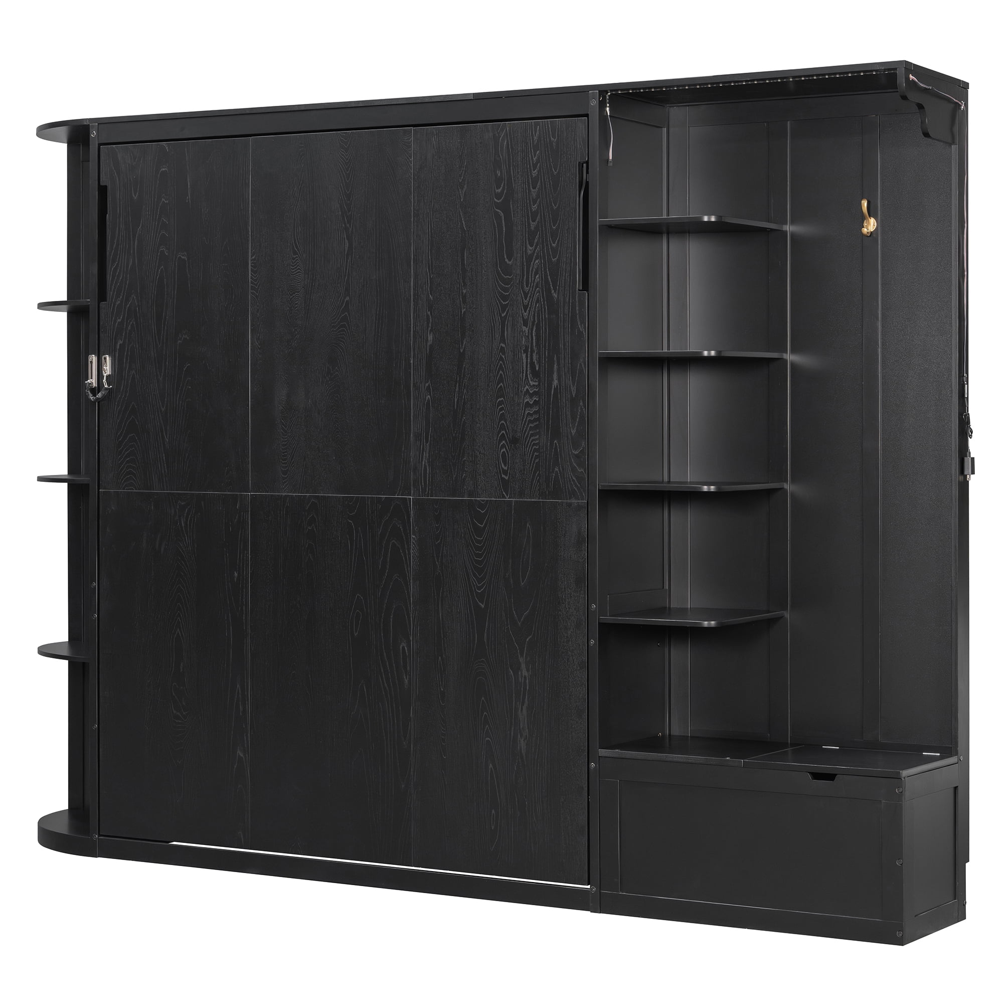 Aukfa Queen Murphy Bed with Storage & LED Lights, Space-Saving Modern Wall Bed Cabinet with Shelves & Hanging Hook for Small Spaces, Guest Room, Home, Black