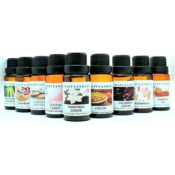 9 Bottles Set: Cotton Candy, Chocolate Chip Cookie, Cinnamon Bun, Christmas Cookie, Pumpkin Pie, Mahogany Teakwood, Apple Pie, Gingerbread, Colombian Coffee 1/2 FL Oz Each (15ml) Oil