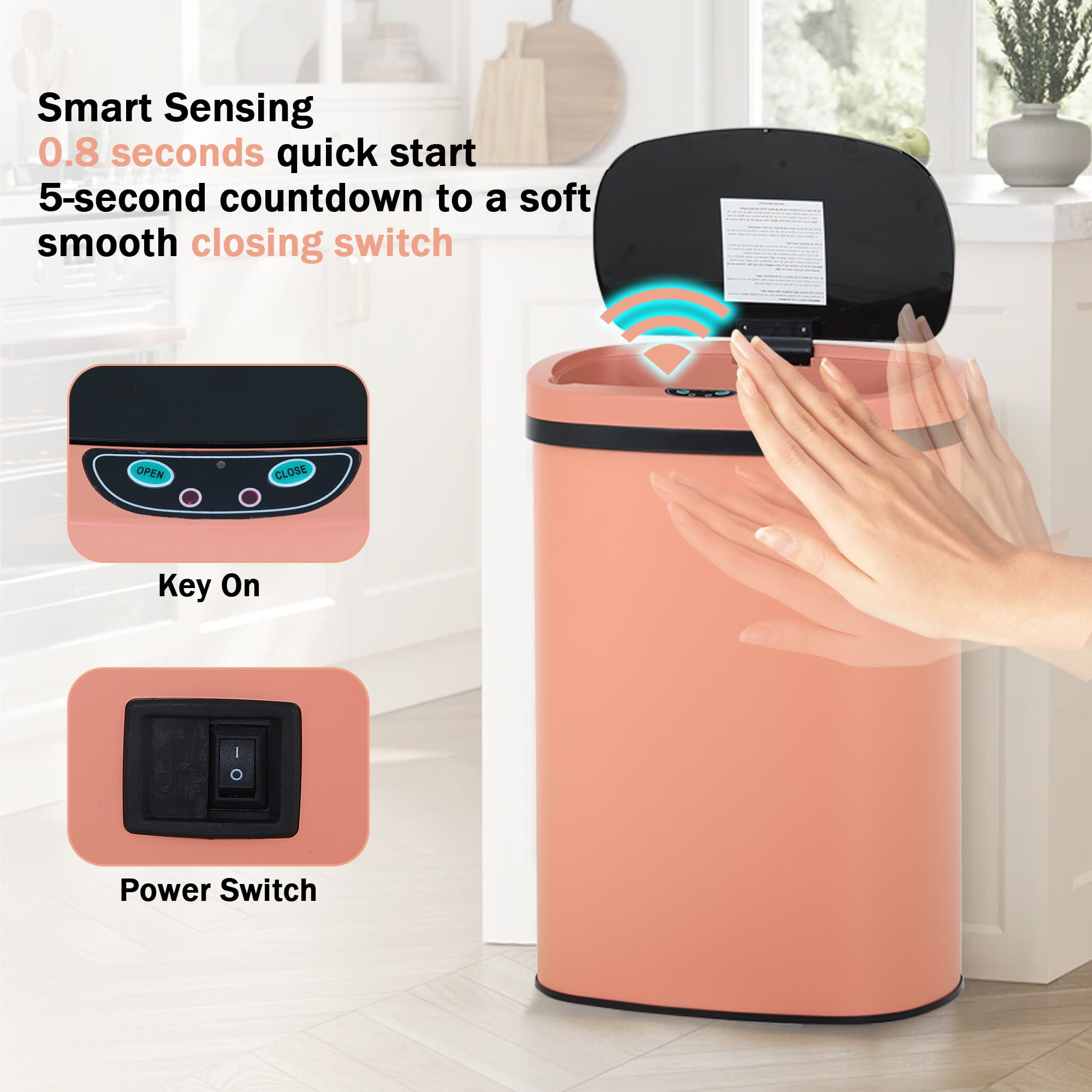 CL.HPAHKL 13 Gallon Kitchen Trash Can, Touchless Motion Sensor Trash Can 50 Liter High-Capacity Automatic Trash Cans Stainless Steel Garbage Can with Lid for Home Bathroom Bedroom Office, Pink