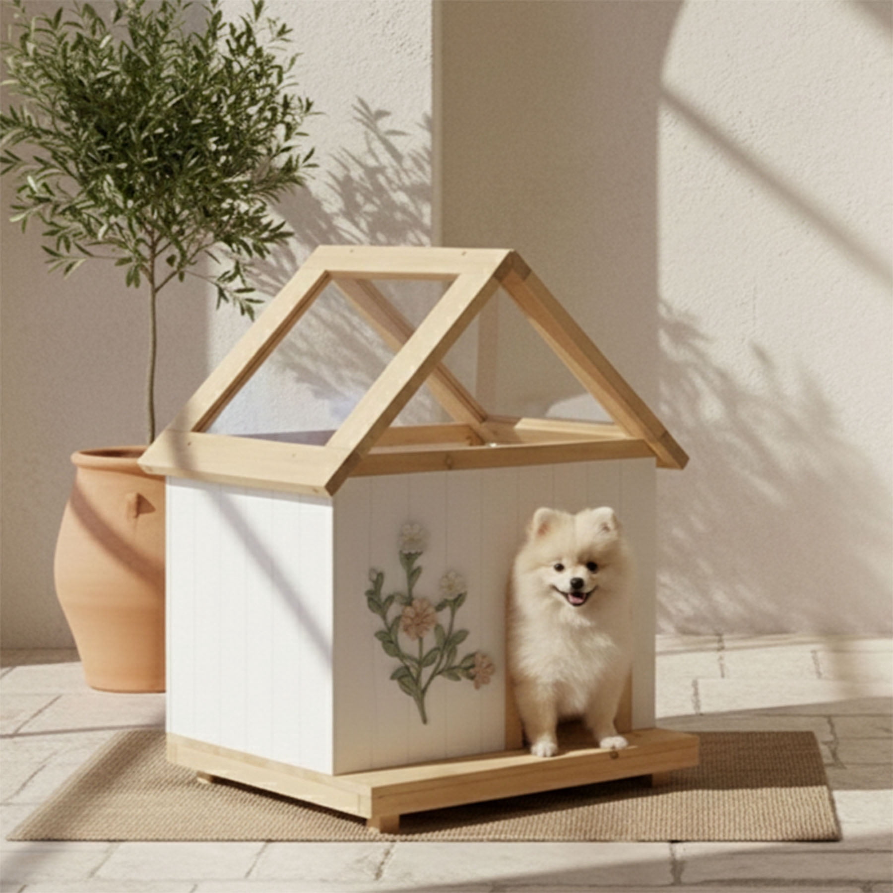 S-HOME Daisy Cat House with FSC-Certified Cedar and Acrylic Roof, Wooden Shelter for Cats and Small Dogs Weight 11-25 lbs