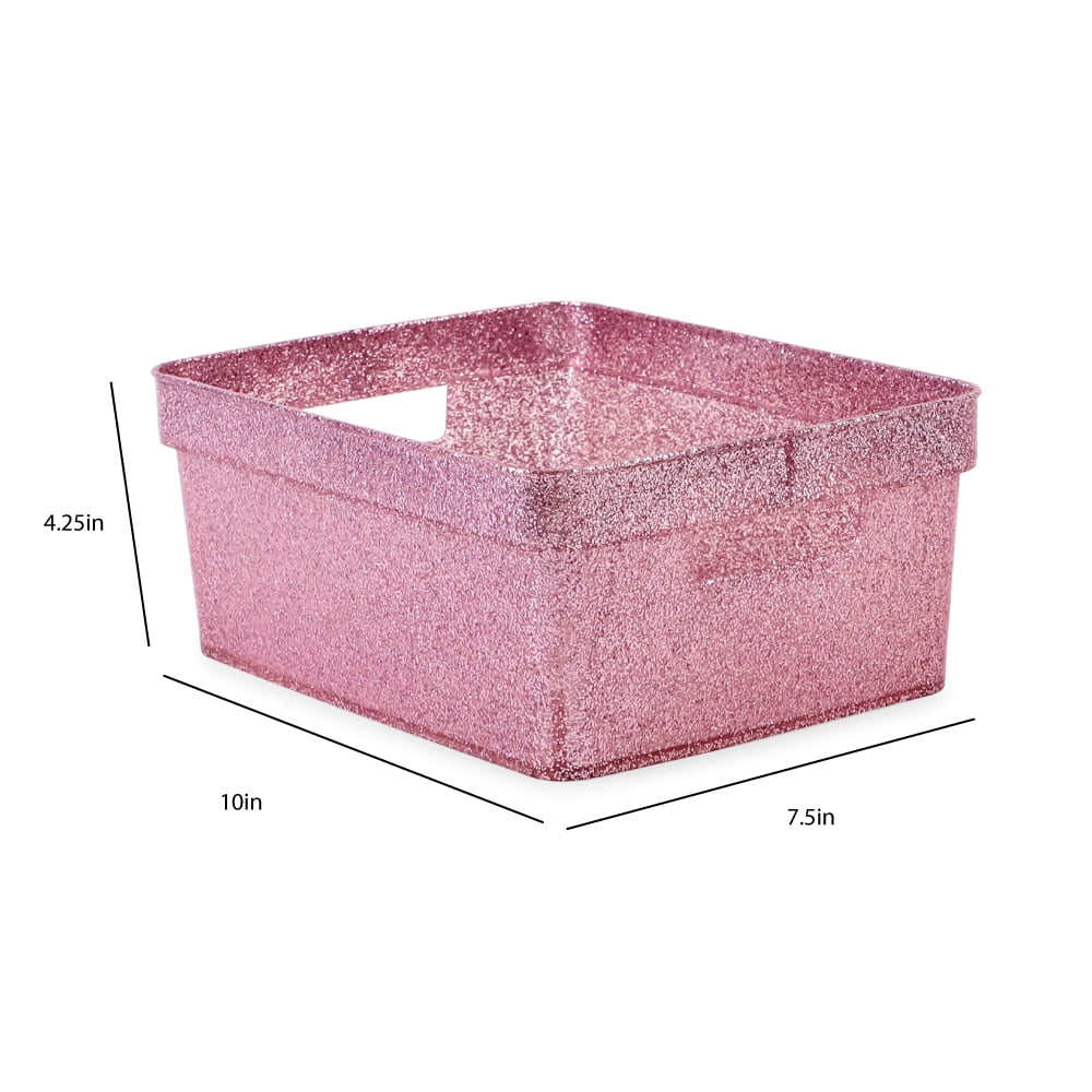 Isaac Jacobs 4-Pack Small Pink Glitter Storage Bin Set with Cutout Handles, Home Storage Solution