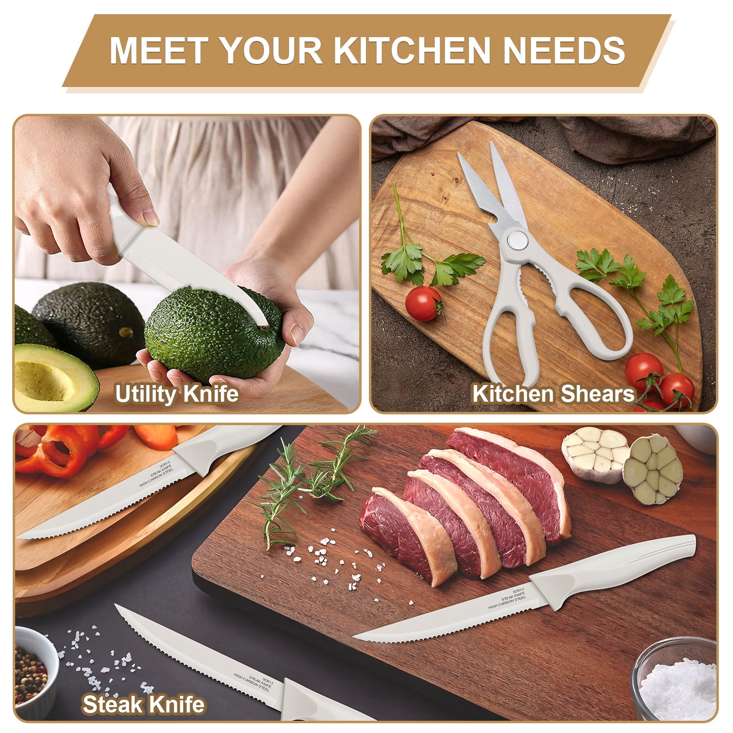 Walchoice 15 Pieces Knife Set with Block, High Carbon Stainless Steel Kitchen Knife Set with Sharpener, Rust Resistant & Dishwasher Safe - White