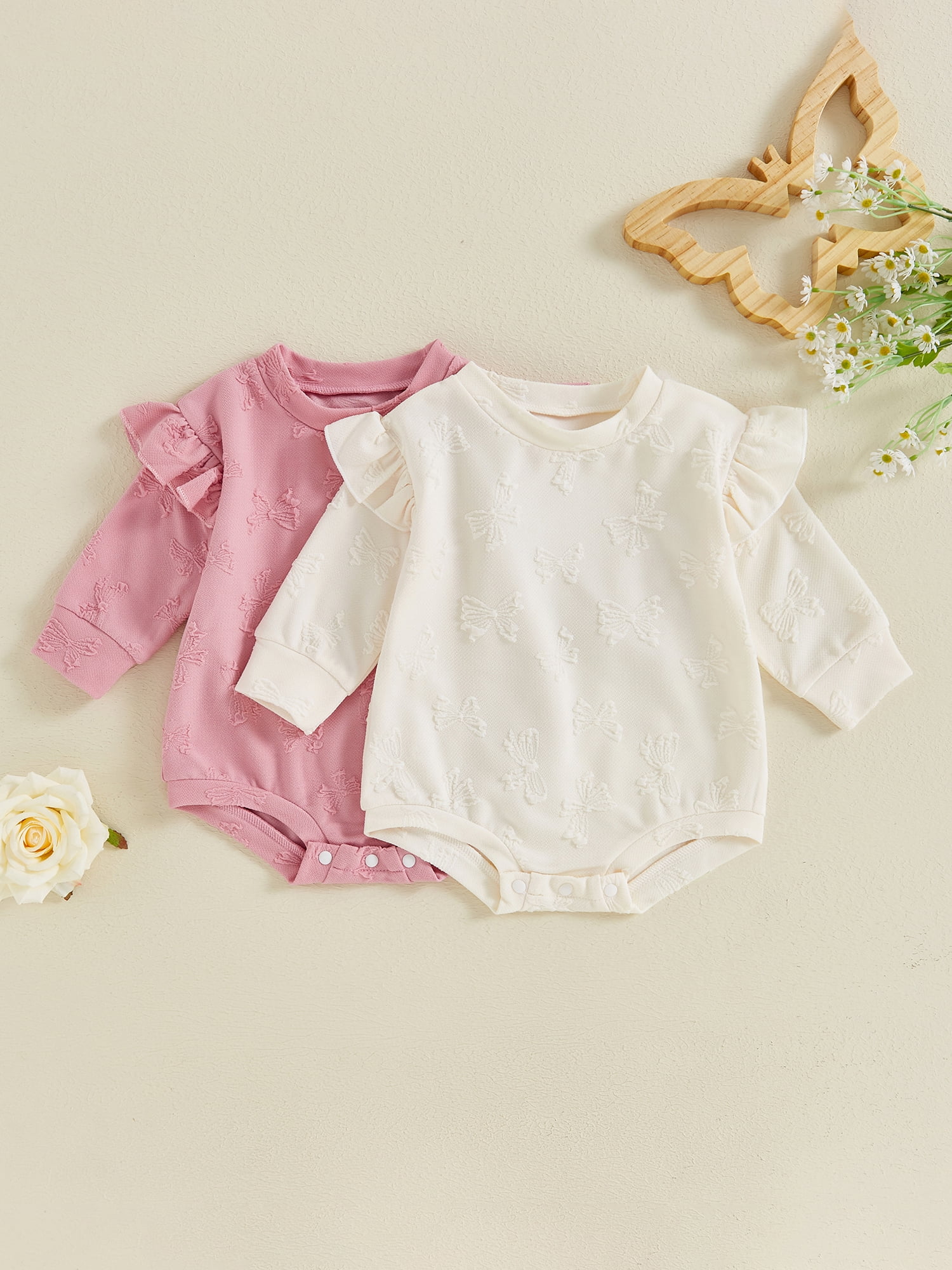 Votuleazi Baby Girl Romper Cute Bow Jacquard Frill Trim Long