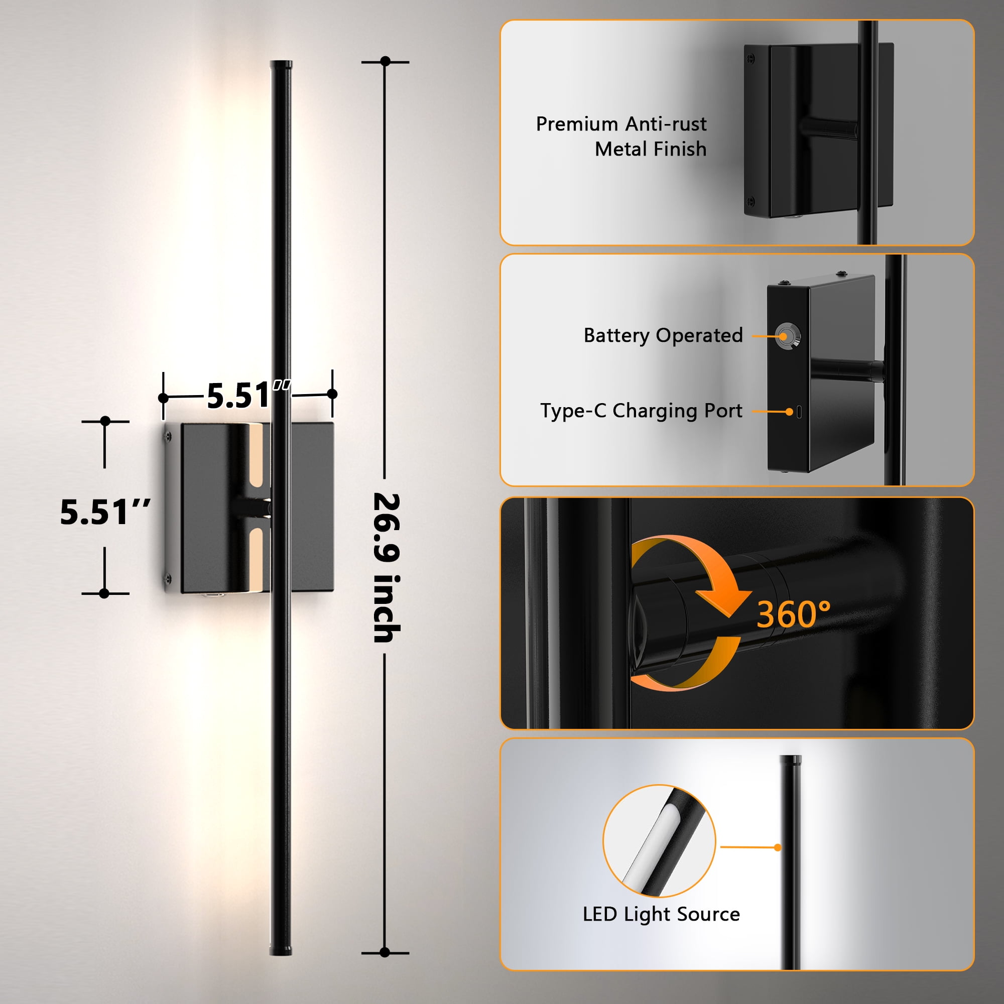 Battery Operated Wall Sconces with Remote Control (2 Pack), 8000mAh LED Rechargeable Wall Lamp for Bedroom