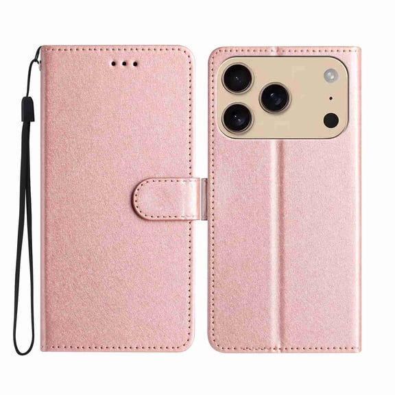 For iPhone 17 Pro Max Phone Case,Silk Texture PU Leather Flip Folding Kickstand,With Card Slots,Wrist Strap,Ultra Slim Shockproof Anti-fall Drop Protection,Thin Fit Durable Phone Case,Rosegold