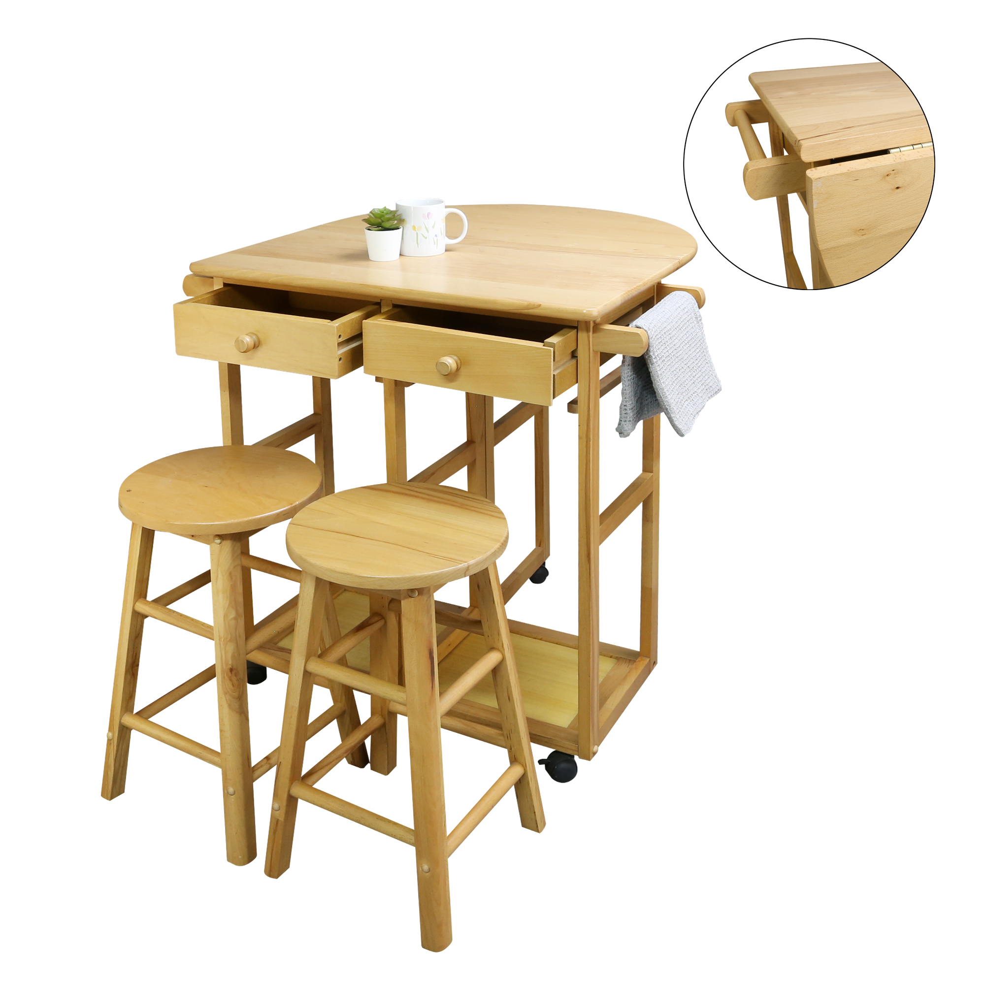 Casual Home New Folding 3Piece Space Saving Dining Table Rolling Cart