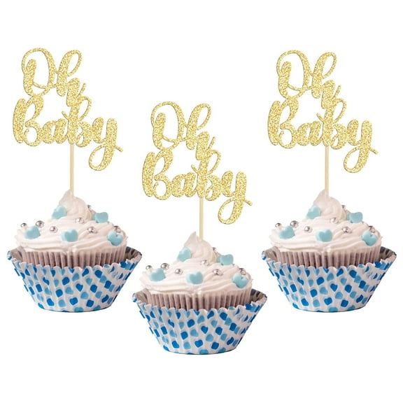 12pcs Oh Baby Cupcake Toppers Glitter Baby Shower Cupcake Picks Decorations for Celebrating Baby Shower Kids Birthday Party Supplies Gold