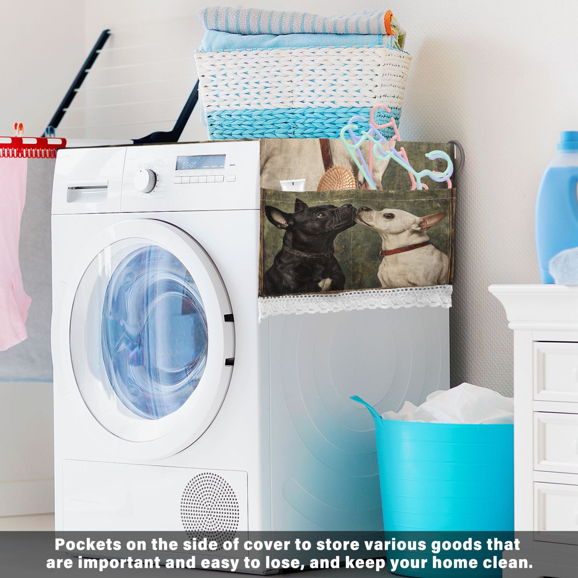 Black and White DogWasher and Dryer Covers Dust-Proof and Oil Resistant Fridge Cover with 4 Storage Pockets Washing Machine Top Cover for Laundry Kitchen Home 51.2 x 22 In