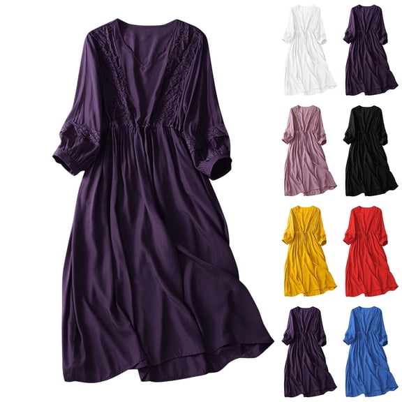 CHUMUD Womens Casual Dresses Tunic Dress Empire Waist Long Sleeve V Neck Flowy Maxi Dress