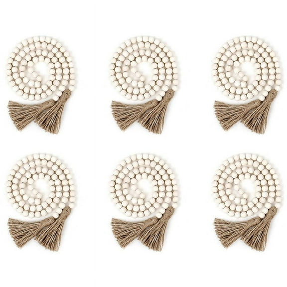 6X Wood Bead Garland with Tassels,Farmhouse Beads Rustic Country Decor Prayer Boho Beads Wall Hanging Wood Color