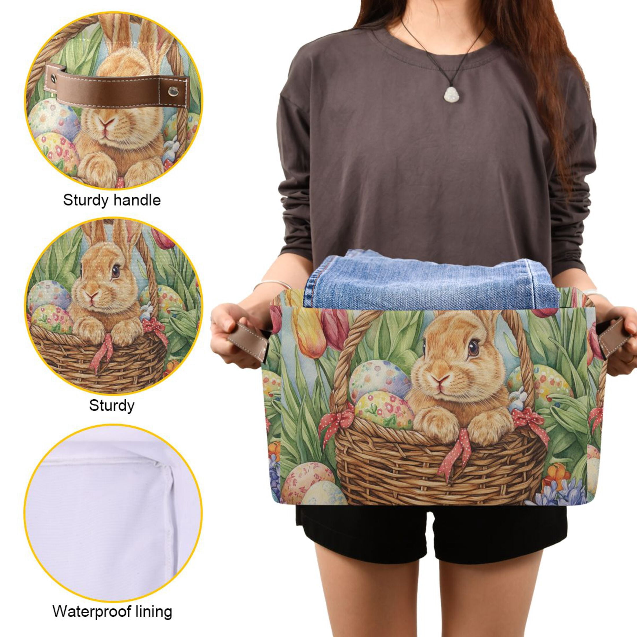 WOBOGO Easter Rabbit Square Storage Basket with Waterproof Canvas and PE Lining Durable PU Leather Handles 14.2×10.2×8.3in