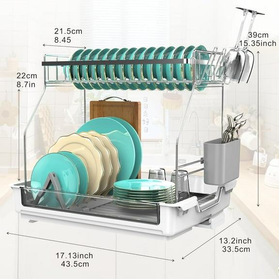 Rustproof Dish Drying Rack, 2 Tier Large Dish Rack with Utensil Holder, White