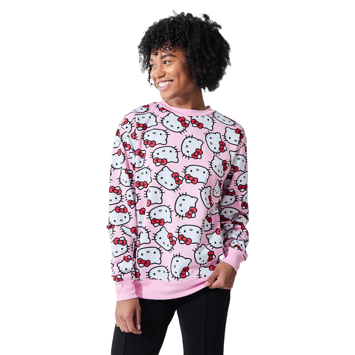 Hello Kitty Character Heads All-Over Print Women's Pink Crew Neck Long Sleeve Sweatshirt-Medium