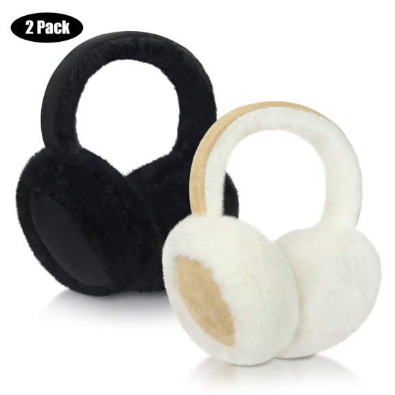 KOITHOT 2 Pcs Ear Muffs for Women, Foldable Fluffy Earmuffs with Headband, Multicolor Winter Outdoor Earmuffs