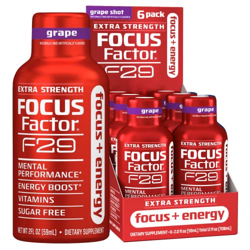 Focus Factor F29 Focus + Energy Shot â€“ Extra Strength, Pack of 6 â€“ Grape Flavor â€“ Sugar
