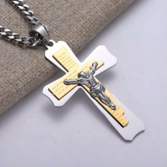EOEMY Heavy Women Men Stainless Steel Gold Silver Jesus Cross Pendant Chain Necklace-Silver Gold-20Inch Or 50Cm