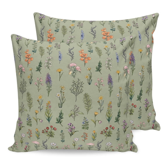 Pillow Covers 16x16 Set of 2, Sage Green Wildflowers Throw Pillow Covers Decorative Couch Cushion Cover, Farmhouse Herbs Floral Summer Microfiber Soft Square Pillowcases for Bedroom Living Room Sofa