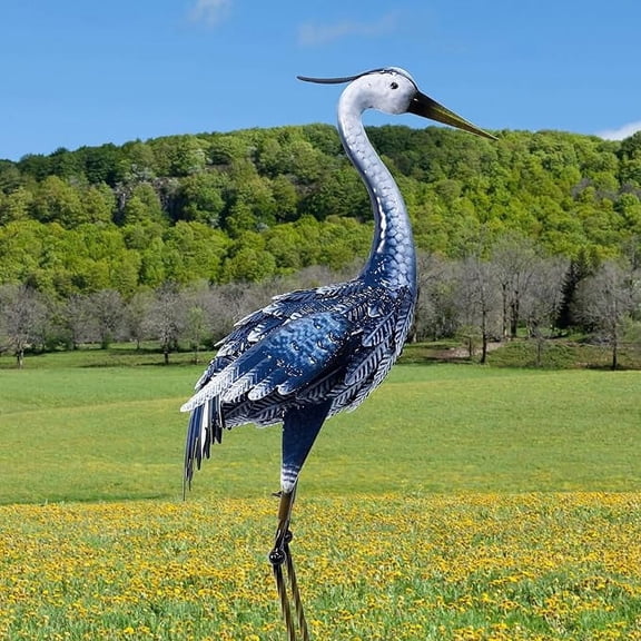 33 Inch Crane Statue for Garden Decorations, Garden Sculpture & Statue, Metal Heron Statue Yard Art, Outdoor Decor for Patio, Pond, and Backyard, Blue